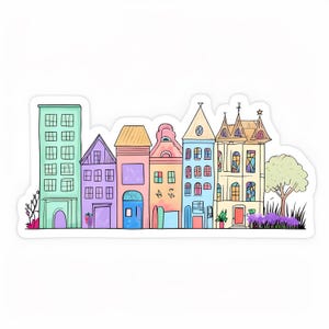 Skurrile bunte Gebäude Clipart zum sofortigen Download - verspielte Kunst im Cartoon Stil für Sublimationsdesign Projekte