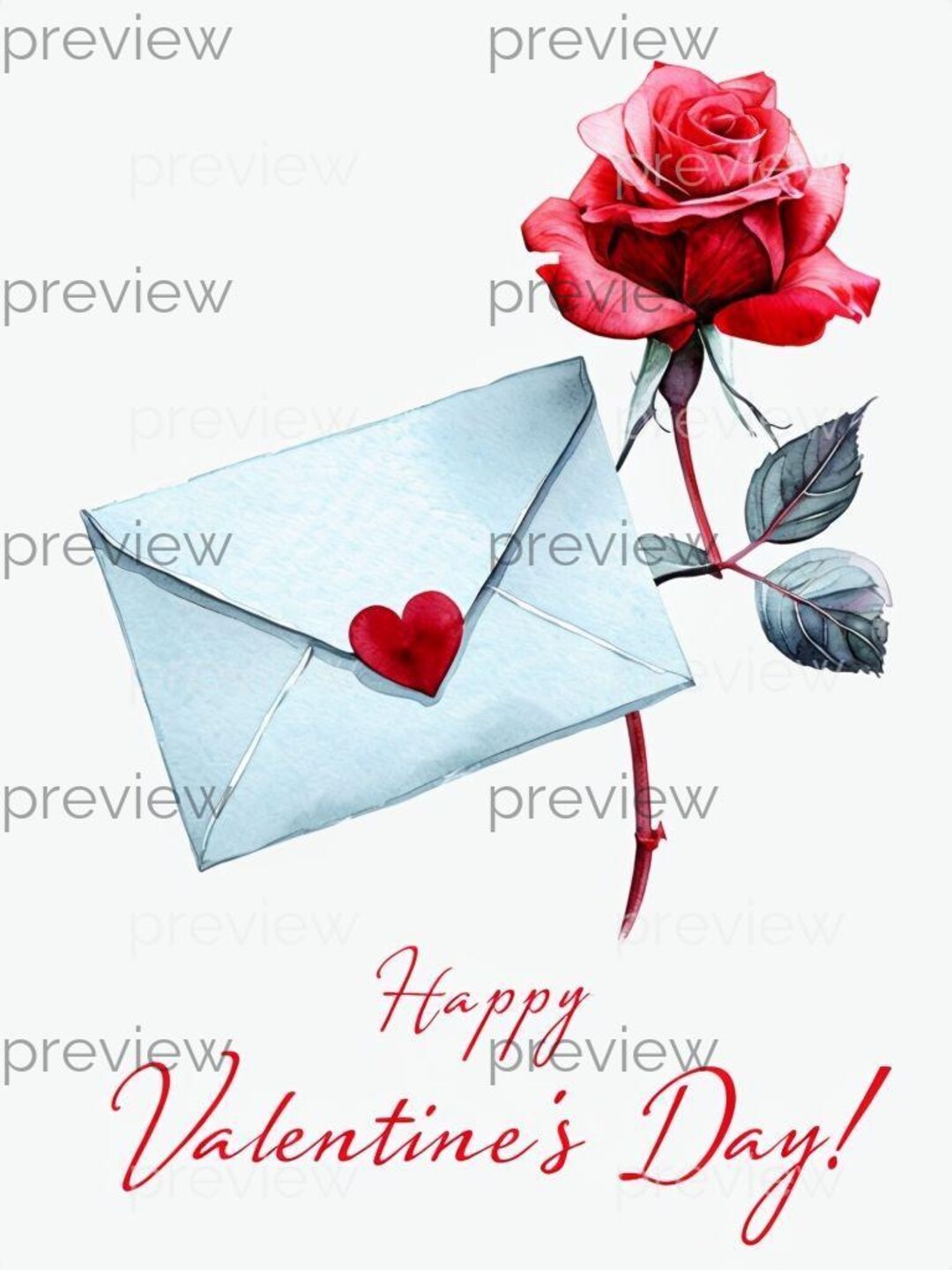 Happy Valentine's Day! Beautiful Red Rose and Envelope Watercolor ...