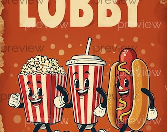 Let&#39;s All Go to the Lobby - Vintage Cinema Snack Illustration with Cartoon Characters