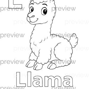 大きな文字「L」と太字の「LLAMA」が描かれた、陽気な漫画ラマ - シームレスなパターンや印刷可能な紙のプロジェクトに最適
