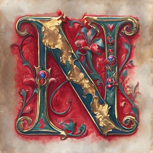 Verzierter Buchstabe N Clipart mit Blumenmustern - Vintage Design für Sublimation und sofortigen Download