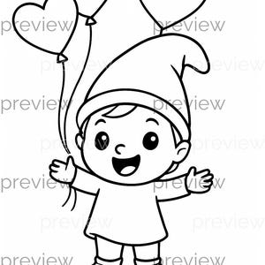 Puede incluir: Ilustración de dibujos animados en blanco y negro de un gnomo sonriente sosteniendo tres globos en forma de corazón. El gnomo lleva un gorro puntiagudo y una túnica, con los brazos extendidos. Los globos también están delineados en negro.