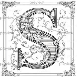 Eleganter verzierter Buchstabe S mit Blumenmotiven - Nahtloses Muster für digitales Papier, Geschenkverpackungen und printable Projekte
