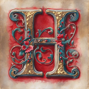 Elegante letra H ornamentada, ricamente decorada con motivos dorados y florales para diseño de sublimación. Descarga instantánea.
