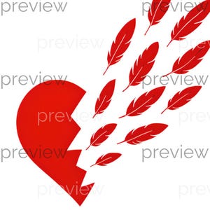 Gebrochenes Herz mit Federn - Minimalist Red Heart Art - Digital Download zum Sofortdruck