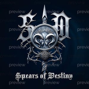 Puede incluir: Un diseño gráfico metálico con un emblema circular central con dos cabezas de carnero, colocado sobre una lanza vertical y rodeado de enredaderas espinosas. Las letras S y D flanquean la parte superior y el texto Spears of Destiny aparece debajo.