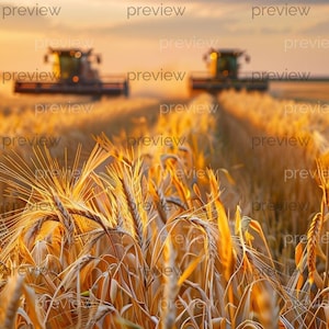 May include: A golden wheat field at sunset with two combine harvesters in the distance. The foreground features close-up details of the wheat stalks, illuminated by the warm, golden light. The sky is a soft orange and yellow.