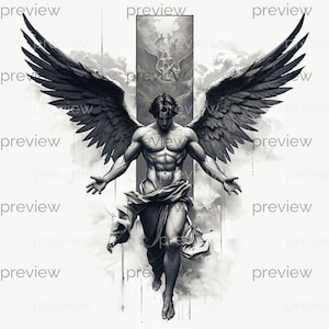 Majestuosa figura angelical con alas detalladas en pose dinámica - Arte digital monocromático para descarga instantánea