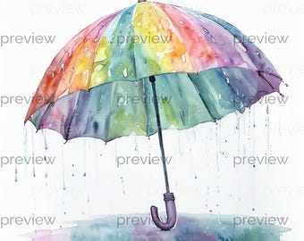 Vibrant Watercolor Umbrella Illustration with Raindrops and Colorful Puddle - Printable Digital Art for Instant Download