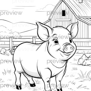 Ilustración de dibujos animados de un cerdo alegre para colorear - Papel digital con patrones sin costuras para envolver regalos y proyectos imprimibles
