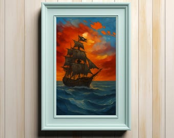 The Twilight of SAILING SHIP (帆船の黄昏) Majestic Sailing Ship in Turbulent Waters at Sunset - A Classic
