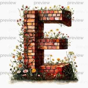 E Rustic Three-Dimensional Letter E with Brick Texture Surrounded by Vibrant Flowers and Greenery for Digital Art Lovers