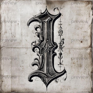 May include: A black and white ornate letter "I" illustration. The capital letter features elaborate scrollwork and decorative flourishes. The design is set against a textured, aged paper background, giving it a vintage aesthetic.