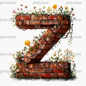 May include: Watercolor illustration of the letter "Z" constructed from red bricks, adorned with vibrant flowers and greenery. The design features yellow, white, and pink blossoms, with vines and grass adding to the natural aesthetic.