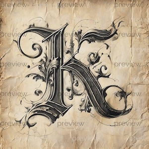 Ornate Vintage Letter K Design in Monochrome with Flourishes and Leaf Embellishments on Aged Parchment Background