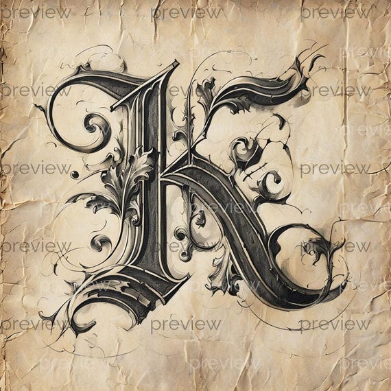 K Ornate Vintage Letter K Design in Monochrome with Flourishes and Leaf Embellishments on Aged Parchment Background