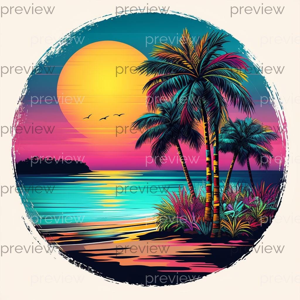 Vibrant Tropical Beach Sunset Digital Art With Palm Trees and Island ...