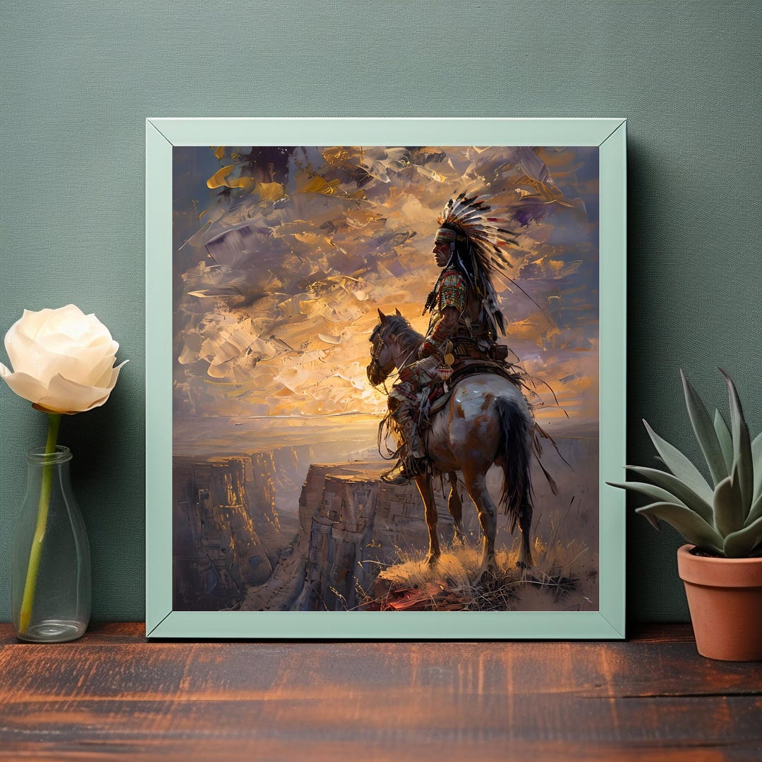 Majestic Native American Warrior on Horseback at Sunset - A Digital ...