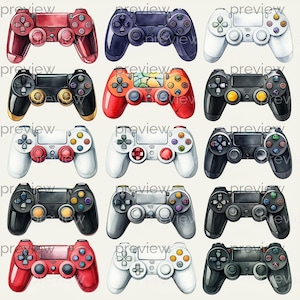 May include: Watercolor illustrations of various game controllers in a grid pattern. Each controller features a different color scheme, including red, black, white, and gray. The designs showcase buttons and joysticks, perfect for gaming enthusiasts.