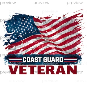 May include: A patriotic design featuring the American flag with red and white stripes and a blue field of stars. The words "COAST GUARD VETERAN" are displayed in bold text, making it suitable for military-themed products.