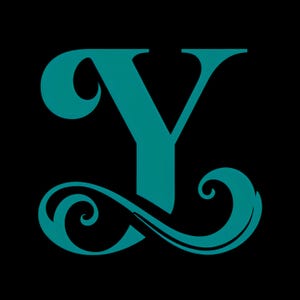 Peut inclure: Lettre "Y" turquoise avec des volutes décoratives sur fond noir. La lettre est dans une police de caractères classique avec un design stylisé et fluide. Les volutes ajoutent une touche d'élégance et d'intérêt visuel à la lettre.