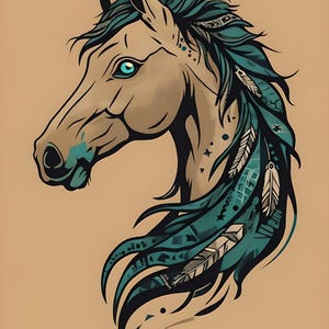 Clipart tête de cheval western mystique bohème avec des accents bleu sarcelle et des motifs tribaux - téléchargement immédiat par sublimation