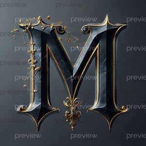 May include: A stylized letter "M" in black with gold trim and decorative flourishes. The letter has a textured appearance and is adorned with gold vines and leaves. The design is set against a dark gray background.