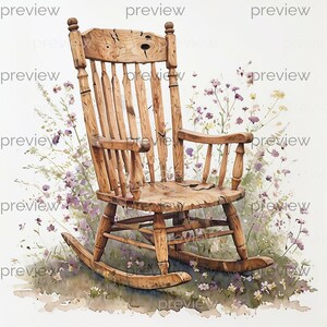 May include: A watercolour painting of a wooden rocking chair with a distressed finish. The chair is surrounded by watercolour flowers in shades of purple, yellow, and green. The chair's dimensions are approximately 91 cm high, 61 cm wide, and 76 cm deep.
