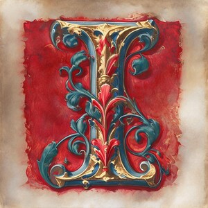 Verzierter Goldbuchstabe I mit Blumenmotiven auf tiefrotem Hintergrund - Clipart zum sofortigen Download und Sublimationsdesign