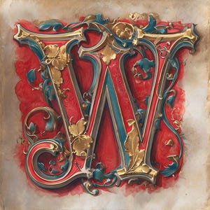 Letra W estilizada y ornamentada con elegantes detalles dorados y azules para diseño de sublimación, descarga instantánea.