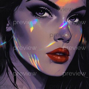 Puede incluir: Retrato digital de una mujer con cabello oscuro, maquillaje de ojos dramático y labios rojos vibrantes. La imagen está iluminada por un efecto de prisma, creando patrones de luz coloridos en su rostro. La estética general es artística e impactante.