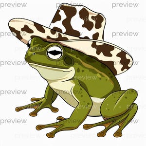 Könnte beinhalten: Cartoon-Illustration eines grünen Frosches mit Cowboyhut. Der Hut ist beige mit braunen Kuhflecken. Der Frosch hat große Augen und sitzt mit gespreizten Beinen.