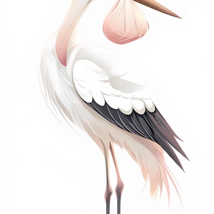 Illustration élégante de cigogne avec pochette rose fantaisiste - Clipart moderne pour sublimation et téléchargement immédiat