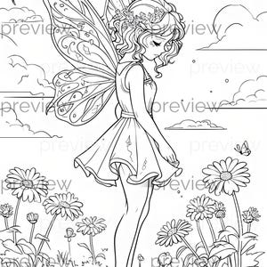Fée enchantée dans un jardin avec des ailes de papillon - Dessin au trait noir et blanc fantaisiste pour projets créatifs