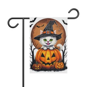 Halloween Garden Flag | Witch Cat Banner | Pumpkin Decor | Outdoor Halloween Decorations, Fall Yard Sign, Spooky Yard Art, Cat Lover Gift