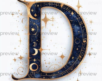 Może przedstawiać: List "D" o tematyce niebieskiej z granatowym tłem i złotymi akcentami. Litera ozdobiona jest gwiazdami, księżycami i symbolami zodiaku. Projekt ma styl vintage i artystyczny, na białym tle.