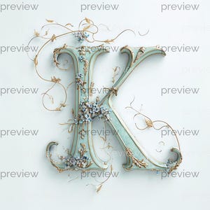 May include: An ornate letter "K" in a pale teal hue, embellished with gold detailing and floral elements. The design features small blue flowers and gold vines, creating an elegant and decorative appearance. The background is plain white.
