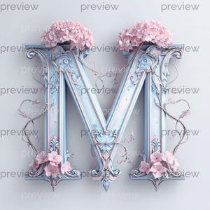 May include: A decorative letter "M" in a light blue and pink color scheme. The letter is adorned with floral accents and a cluster of pink flowers at the top and bottom. The design has an ornate, vintage aesthetic.