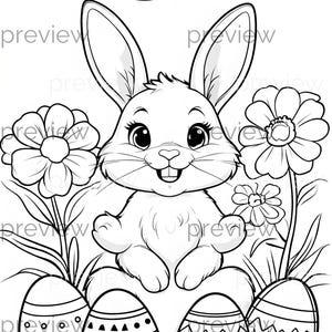 Osterhase Malseite - Fröhlicher Cartoon Hase mit dekorierten Eiern für kreativen Spaß und festliche Feiern