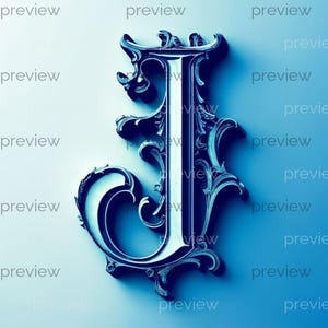 May include: A detailed, ornate letter "J" in a gradient blue color. The letter has a 3D effect with intricate scrollwork and a bright white inner line. The background is a soft blue gradient.