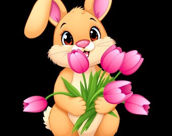 Cartoon Bunny with Tulips Clipart: Easter Sublimation Design (Digital Download)