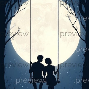 May include: Silhouette of a couple on a swing under a full moon. The image is set against a dark blue night sky with silhouetted trees on either side. The moon is a bright, glowing circle.