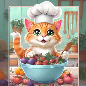 Fröhlicher Katzen-Koch mit Rührschüssel und Gemüse - entzückende Cartoon-Küchenszene für Clipart und Sublimationsdesign