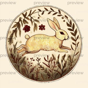 May include: A watercolor illustration of a running rabbit inside a circular frame. The rabbit is yellow with detailed patterns, surrounded by brown foliage and burgundy flowers. The background is a light beige.