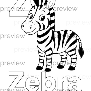 遊び心のある漫画のシマウマ、太字の文字「Z」とテキスト「Zebra」 - 子供やクリエイティブプロジェクトのための楽しい塗り絵アクティビティデザイン