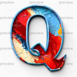 May include: A 3D-rendered letter "Q" with a vibrant, textured paint effect. The letter is outlined in light blue, with a white interior. The interior is filled with bold strokes of red, blue, and yellow paint, creating a striking visual.
