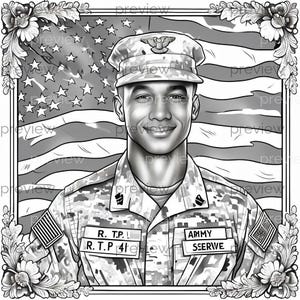 Könnte beinhalten: Schwarz-Weiß-Illustration eines lächelnden Soldaten in Uniform, vor einer amerikanischen Flagge. Der Soldat trägt eine Mütze mit einem Emblem und Namensschildern mit der Aufschrift "R. T.P. 41" und "AMMY SEERVE". Das Bild ist mit floralen Elementen umrahmt.