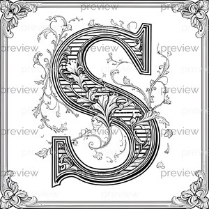Letra S adornada con motivos florales: elegante diseño decorativo para patrones sin costuras y papel imprimible.