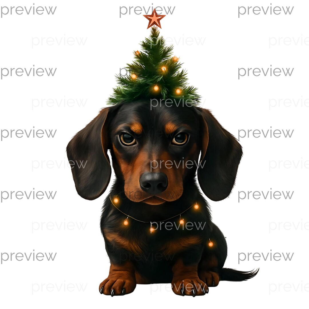 Cute Dachshund With Christmas Tree Hat and Lights - Adorable Holiday ...