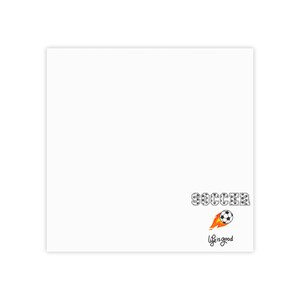 May include: A white square graphic featuring the word SOCCER in a black and white patterned font. Below the text is a black and white football with orange and yellow flames trailing behind it, followed by the black text Life is good.